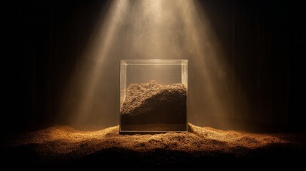 A Captivating Display of Soil Inside a Clear Glass Cube, Bathed in Ethereal Lighting, Highlighting Nature’s Richness and Diversity