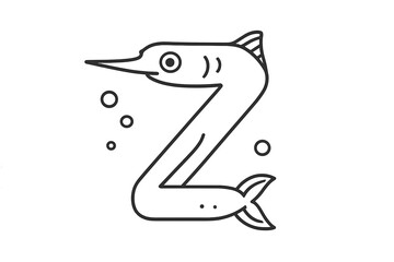 Stylized black and white outline of a long-nosed fish shaped like the capital letter Z swimming