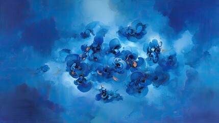 Abstract Blue Floral Cloud Painting