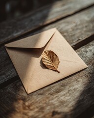 Brown Envelope With Dried Golden Leaf On Wooden Surface