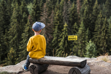 Danger. Do not approach the cliff. A boy is sitting in front of a steep cliff in a coniferous forest. In the background, there is a yellow sign with the Russian phrase "Caution, cliff!"