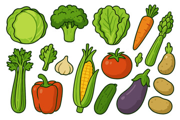 Set of fresh organic vegetables isolated on white background for healthy eating