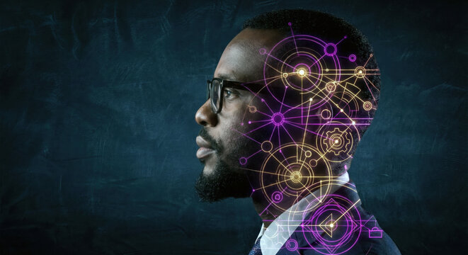 Profile of a Black man with complex glowing geometric brain overlay, symbolizing neurodiversity, unique perception and visionary strategic thinking