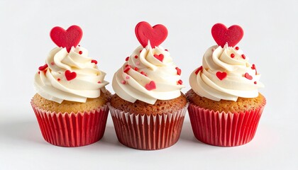 Three decorated cupcakes with red heart toppers—pink and white frosting—lined up on a white background.