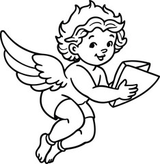 Cartoon vector illustration of a funny baby angel child drawing with bow and arrow, wing, and heart design for a coloring book