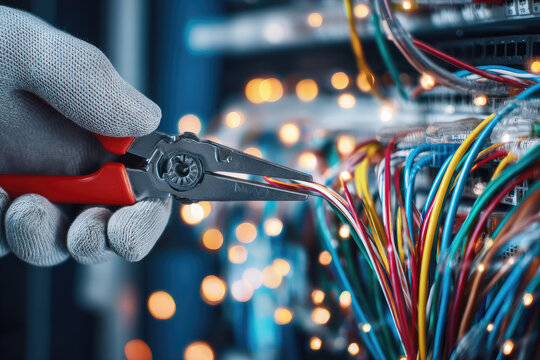 Electrician repairing wiring in server room using pliers with gloved hand, focusing on colorful cables and network equipment, technology maintenance and safety concept