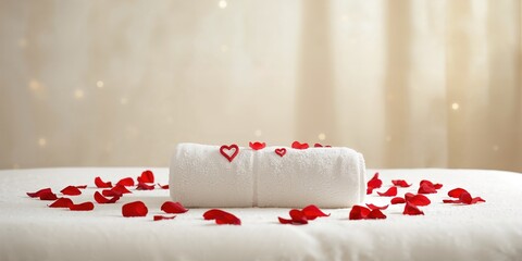 White towel with red love heart symbols used as decor in a room, emphasizing cleanliness and romance