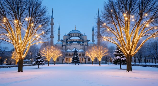 Majestic mosque building covered in snow surrounded by illuminated trees during winter holidays