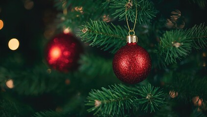Fototapeta premium Close-up of a Christmas tree decorated with red candy ornaments and warm bokeh lights, emphasizing holiday festive atmosphere