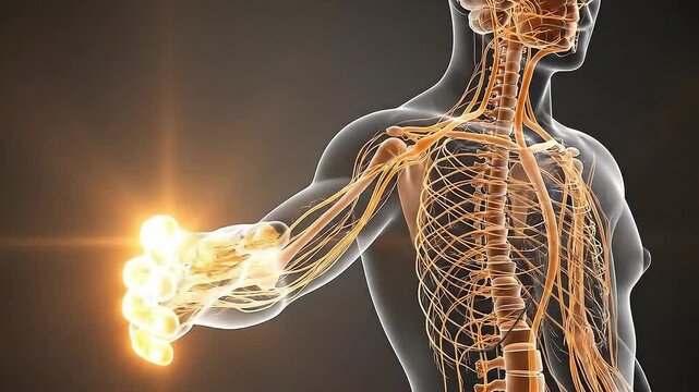 Dynamic video showing human nervous system anatomy with glowing brain and spinal cord for medical education and research projects