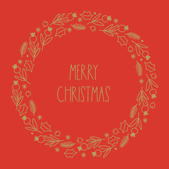 Christmas greeting card with berries, leaves, fir branches, snowflakes on red background. Perfect for winter holidays and decorations. Hand drawn outline frame, wreath
