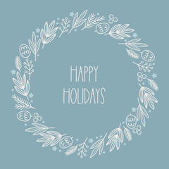 Christmas greeting card with cones, leaves, berries, stars on light blue background. Perfect for winter holidays and decorations. Hand drawn outline frame, wreath