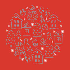 Christmas greeting card with houses, fir trees and snowflakes on red background. Circle ornament. Perfect for winter holidays and decorations. Vector outline illustration