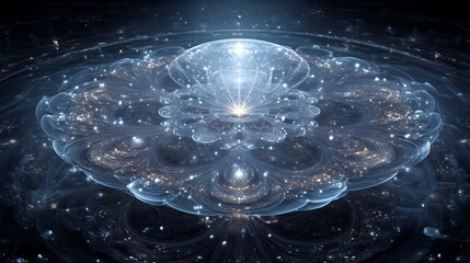 A representation of consciousness expanding through infinite fractal dimensions, abstract light networks, divine cosmic aura, hyper-realistic surreal art, 