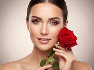 Closeup of a beautiful woman with perfect skin holding a red rose, showcasing her natural beauty and elegant makeup for a skincare or beauty concept