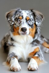 Stunning Australian Shepherd Dog with Beautiful Merle Coat and Intense Gaze in Studio Setting