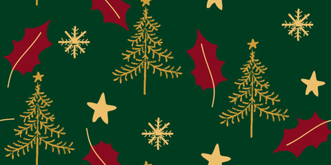 Festive Hand-Drawn Christmas Elements on Green Texture