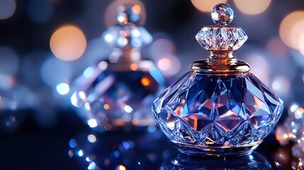 Elegant crystal perfume bottles with faceted glass design against blurred bokeh background in blue and gold tones. Luxury fragrance concept.