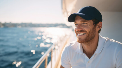 Smiling man in cap enjoying a sunny day on a boat with ocean in the background, captured in soft light and relaxed vacation atmosphere.