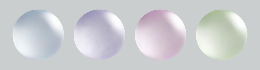 Set of transparent colorful matte glass spheres with realistic glossy highlights and abstract 3d light effect.