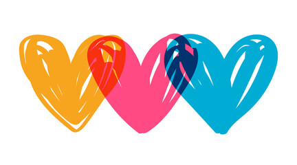 Overlapping hand drawn colorful hearts. Valentine's day design. Love symbol.