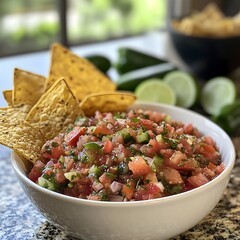 Photo of fresh salsa with tortilla chips, lime wedges, and jalape&ntilde;os for customization