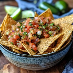 Photo of fresh salsa with tortilla chips, lime wedges, and jalape&ntilde;os for customization