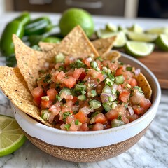 Photo of fresh salsa with tortilla chips, lime wedges, and jalape&ntilde;os for customization
