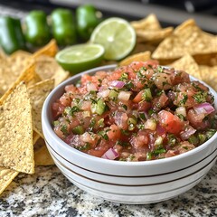 Photo of fresh salsa with tortilla chips, lime wedges, and jalape&ntilde;os for customization