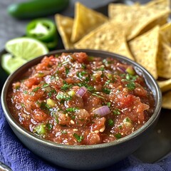 Photo of fresh salsa with tortilla chips, lime wedges, and jalape&ntilde;os for customization