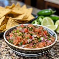 Photo of fresh salsa with tortilla chips, lime wedges, and jalape&ntilde;os for customization