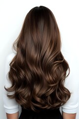 Fototapeta premium Back view of woman with long, wavy brunette hair showing glossy chocolate brown highlights against white background for beauty salon advertising.