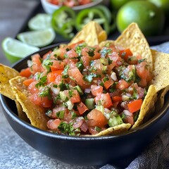 Photo of fresh salsa with tortilla chips, lime wedges, and jalape&ntilde;os for customization
