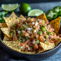 Photo of fresh salsa with tortilla chips, lime wedges, and jalape&ntilde;os for customization