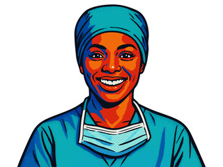 happy female medical professional in scrubs and surgical cap, perfect for healthcare or hospital themes. raster colorful pop art illustration.