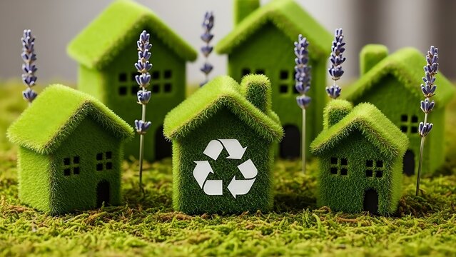 Eco-friendly miniature houses with a recycling symbol, promoting sustainability - Powered by Adobe
