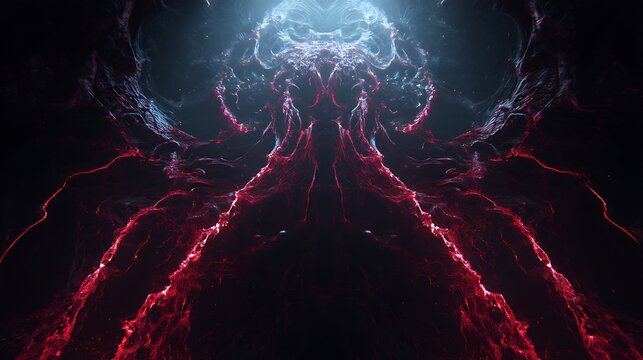 A dark demonic entity built from twisting fractal reflections, glowing red veins, surreal dark atmosphere, cinematic tone, 