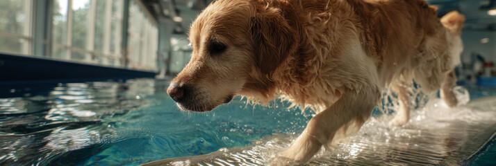 A golden retriever walks carefully on an underwater treadmill during rehabilitation. A trainer provides gentle support to help the dog with its exercise routine