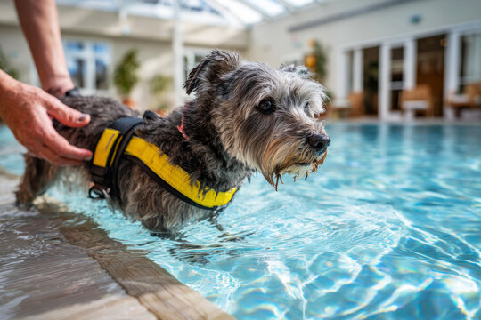 A small dog carefully walks on an underwater treadmill under the gentle guidance of a trainer, focusing on rehabilitation in a soothing and supportive setting