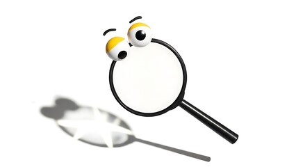 Funny cartoon magnifying glass character with big expressive eyes looking closely, isolated on white background