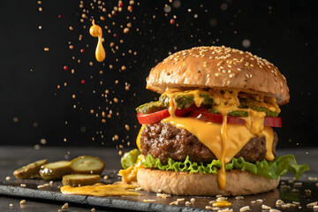 Explosion-Style Burger Portrait,Double-Stack Cheddar Burger