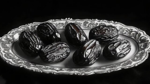 A plate with a bunch of black nuts on it