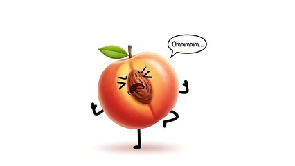 Obraz premium Funny cartoon peach character with a pit, arms and legs, screaming in pain with a speech bubble, isolated on white background