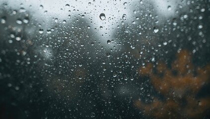 Obraz premium Water droplets on glass with a blurred natural backdrop, enhancing focus on moisture texture