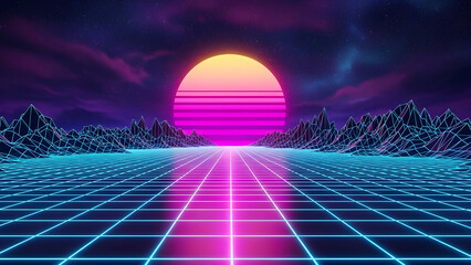 Captivating synthwave landscape with glowing neon grid and vibrant retro sun illuminating futuristic wireframe mountains under a starry evening sky