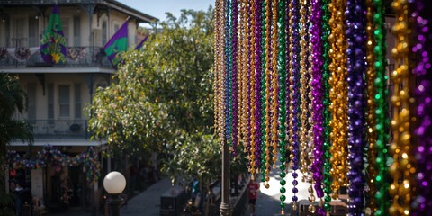 Colorful Mardi Gras beads used as festive accessories, emphasizing celebration and cultural tradition