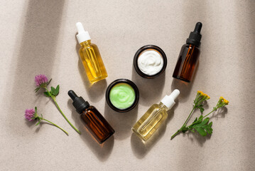 Various cosmetic products, cream, serum, essential oil on beige background with wild flowers, top view, flat lay