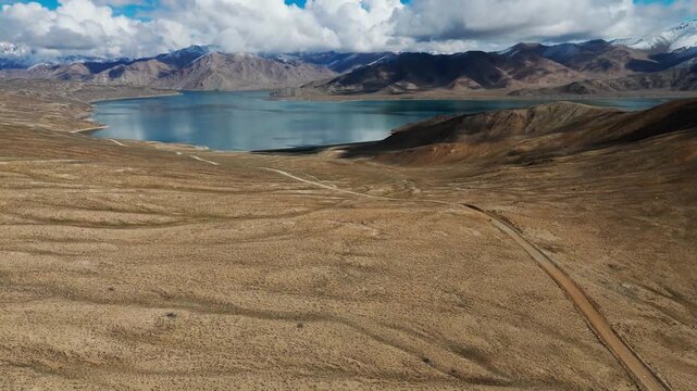 Aerial drone view of Yashilkul and Bulunkul lakes in the Pamir Mountains of Tajikistan Gorno-Badakhshan Autonomous Province aerial