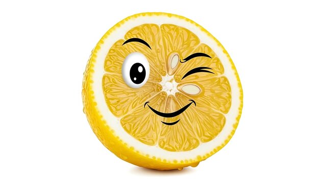 Funny winking lemon slice with cartoon face isolated on white background, representing citrus fruit emotion and happiness - Powered by Adobe