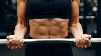 Woman in black sports bra performing bicep curl with barbell in gym. Fitness and strength training